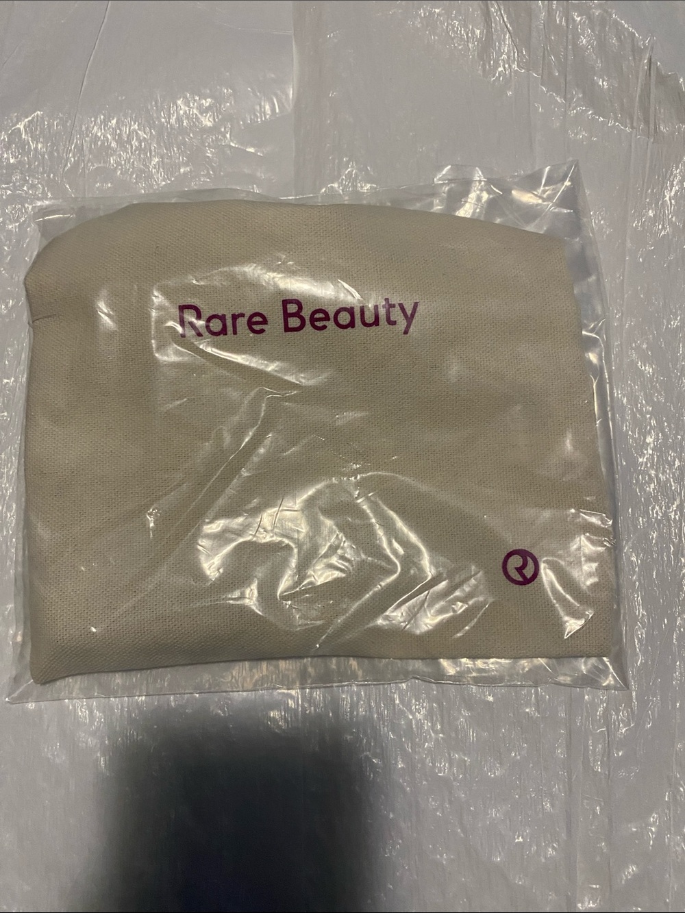 Rare Beauty Beige Canvas Pouch with Magenta Logo